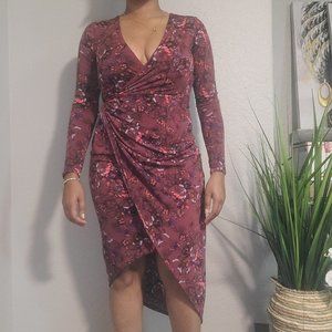 Guess Women's Burgundy V-Neck Dress Front Overlap Size S/CH